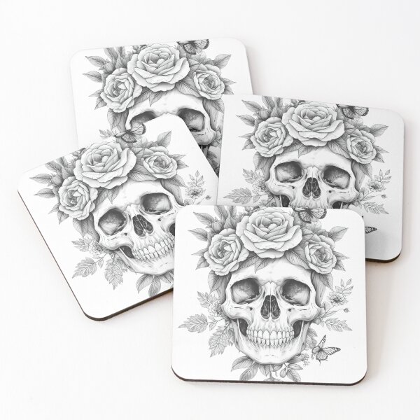 Item preview, Skull and Roses Black and White Butterfly Floral Gothic Illustration designed and sold by redblink store.