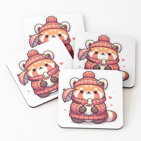 Item preview, Cozy Red Panda with Coffee & Umbrella | Cute Kawaii designed and sold by vigzhifushions.
