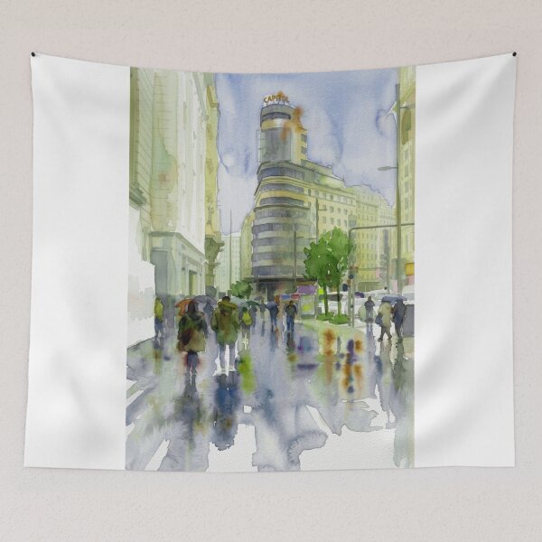 Item preview, Gran Vía Madrid Rainy Street Watercolor designed and sold by caracatita75.