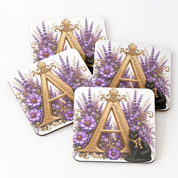 Item preview, Floral Letter A with Black Cat | Lavender Botanical Monogram | Personalized Initial Gift designed and sold by MoodLay.
