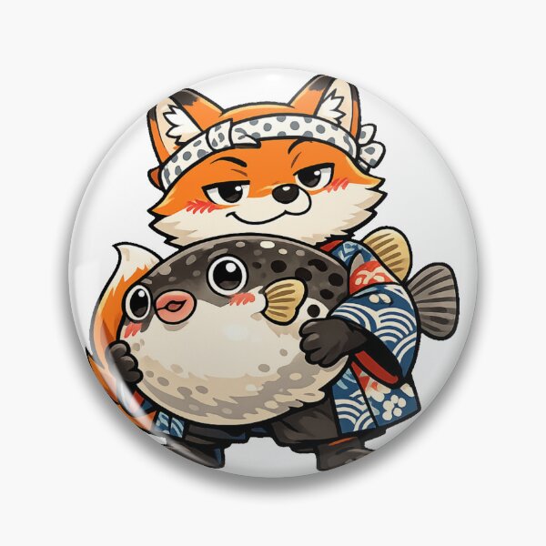 Item preview, Smug Fox Holding Giant Fugu Sticker | Cute Japanese Pufferfish Foodie Anime Art designed and sold by kawaii animal store (in Japan).
