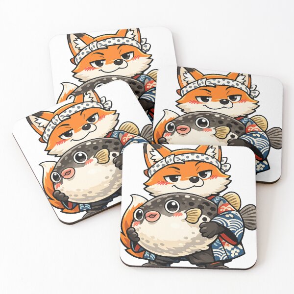 Item preview, Smug Fox Holding Giant Fugu Sticker | Cute Japanese Pufferfish Foodie Anime Art designed and sold by kawaii animal store (in Japan).