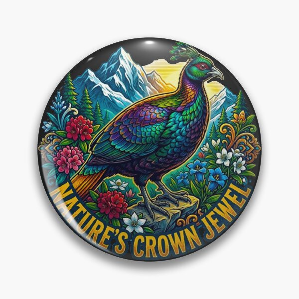 Item preview, Nature's Crown Jewel Monal Pheasant Vintage Himalayan Mountain Retro Badge designed and sold by MT-Hub | Art for Every Soul.