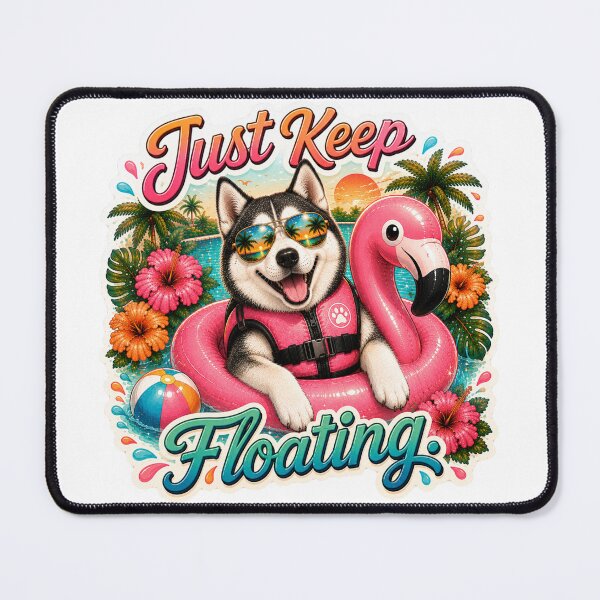 Item preview, Just Keep Floating – Funny Summer Husky on Flamingo Float designed and sold by DailyStruggleCo.