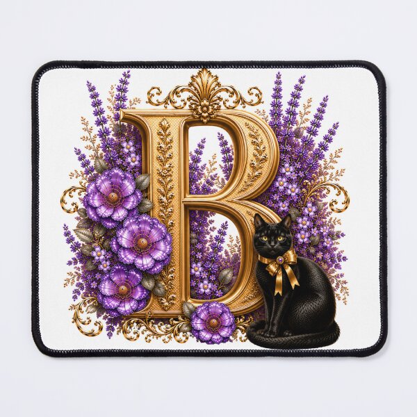 Item preview, Floral Letter B with Black Cat | Lavender Botanical Monogram | Elegant Gold Initial Design designed and sold by MoodLay.
