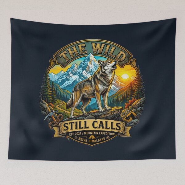 Item preview, The Wild Still Calls Howling Himalayan Wolf Vintage Mountain Retro Badge designed and sold by MT-Hub | Art for Every Soul.