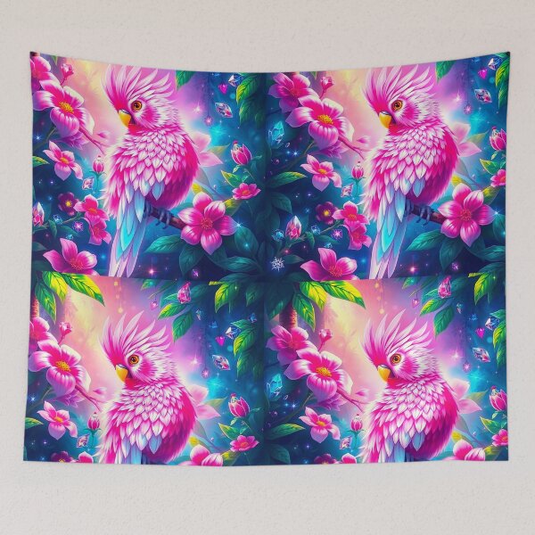 Item preview, Pink Cockatoo in a Fantasy Jungle – Vibrant Tropical Floral Art designed and sold by EmeraldeaArt.