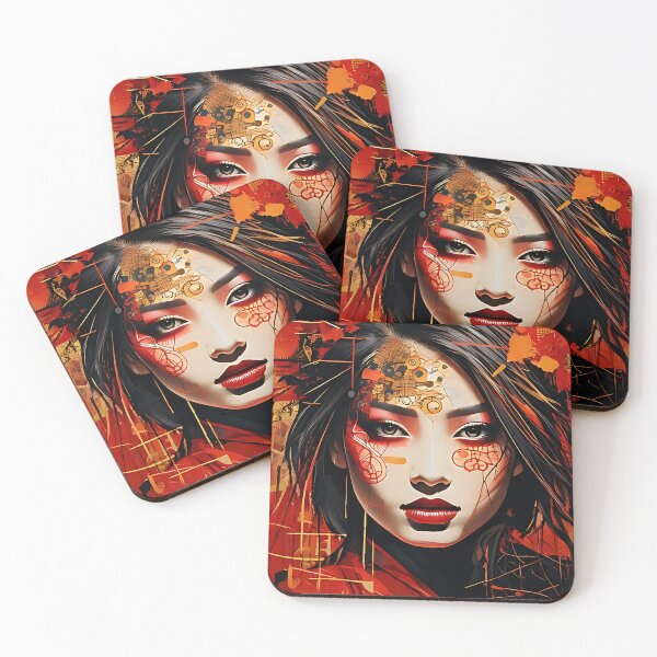 Item preview, Abstract Portrait of an Asian Woman in Crimson and Obsidian designed and sold by ToxicInkArt.
