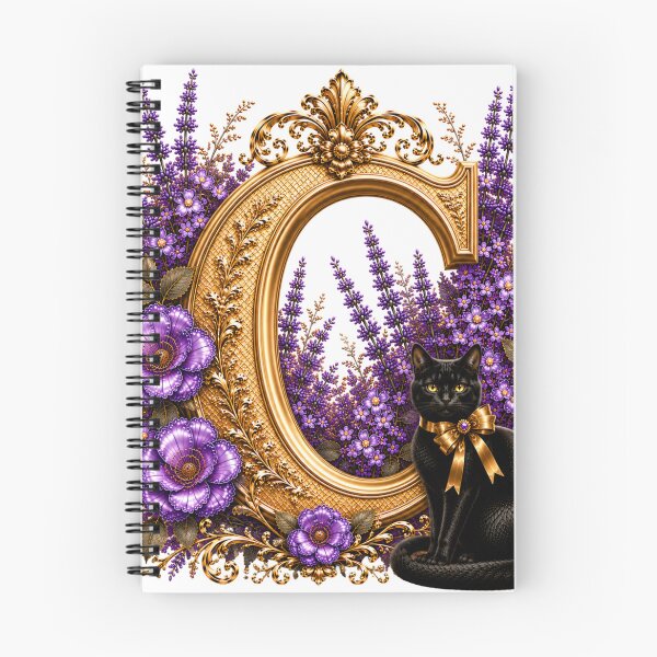 Item preview, Floral Letter C with Black Cat | Lavender Botanical Monogram | Elegant Gold Initial Design designed and sold by MoodLay.