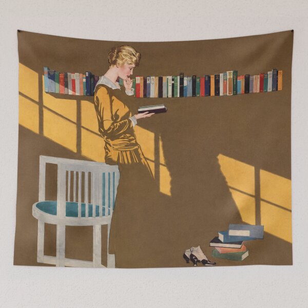 Item preview, Reading by the bookshelf (Fadeaway girl) - Vintage Reading Room Illustration Woman Wall Art for Book Lovers designed and sold by RickE.