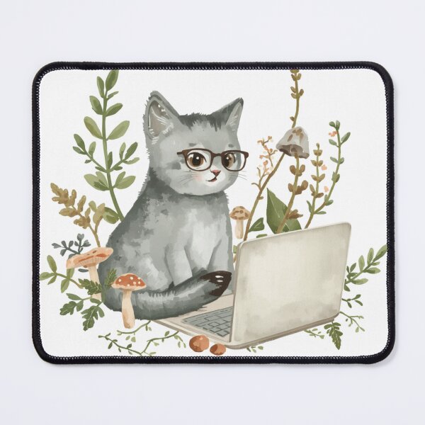 Item preview, Cute Grey Cat on Laptop Cottagecore Mushroom Illustration designed and sold by StoriesInGrain.