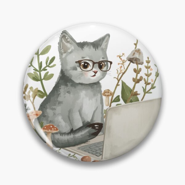 Item preview, Cute Grey Cat on Laptop Cottagecore Mushroom Illustration designed and sold by StoriesInGrain.