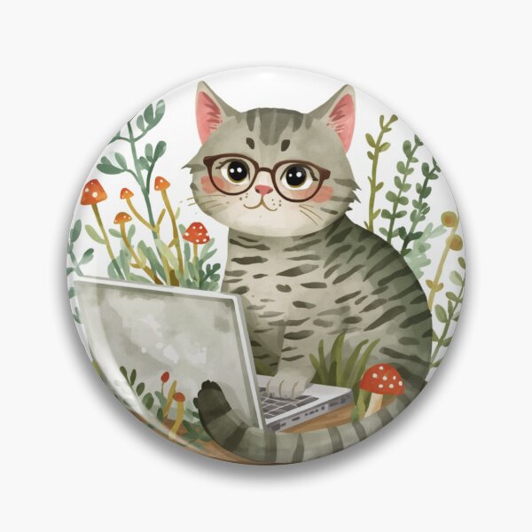 Item preview, Cute Tabby Cat on Laptop Sticker Mushroom Illustration designed and sold by StoriesInGrain.