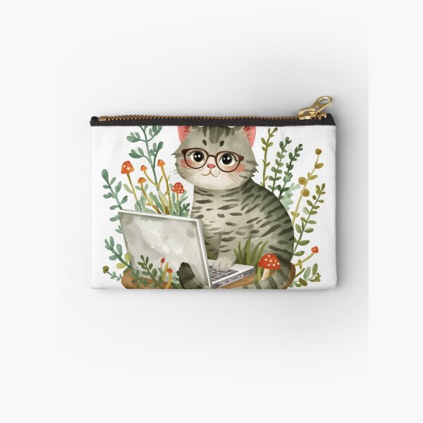Item preview, Cute Tabby Cat on Laptop Sticker Mushroom Illustration designed and sold by StoriesInGrain.