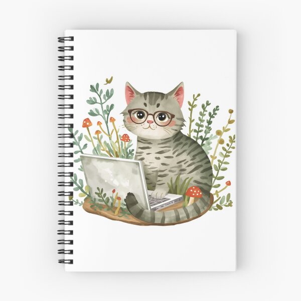 Item preview, Cute Tabby Cat on Laptop Sticker Mushroom Illustration designed and sold by StoriesInGrain.