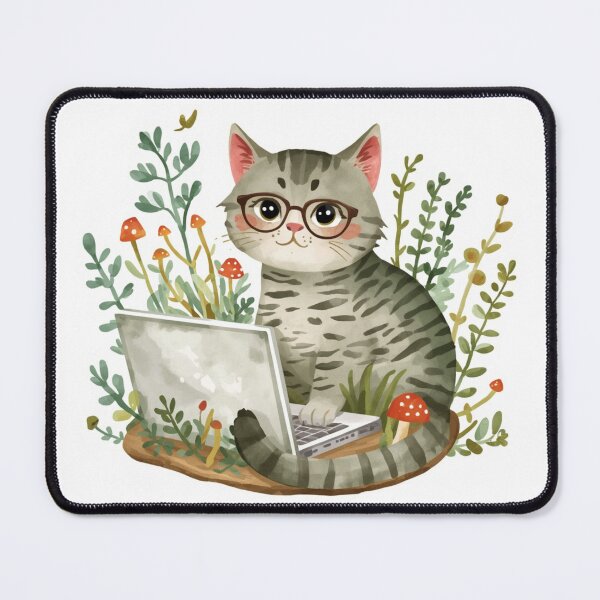 Item preview, Cute Tabby Cat on Laptop Sticker Mushroom Illustration designed and sold by StoriesInGrain.