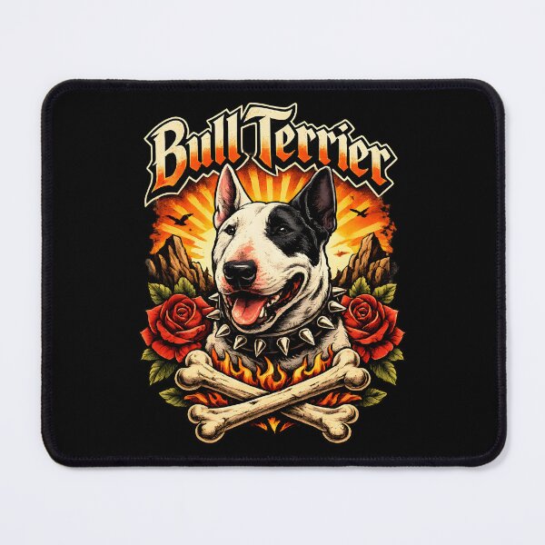 Item preview, Bull Terrier Sunset Skull & Roses – Vintage Tattoo Style Dog Illustration designed and sold by blankTeeShirt.