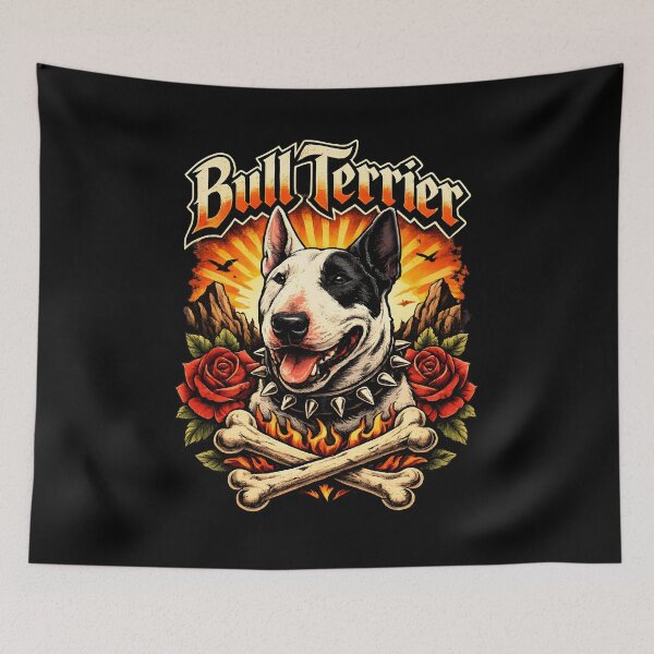 Item preview, Bull Terrier Sunset Skull & Roses – Vintage Tattoo Style Dog Illustration designed and sold by blankTeeShirt.