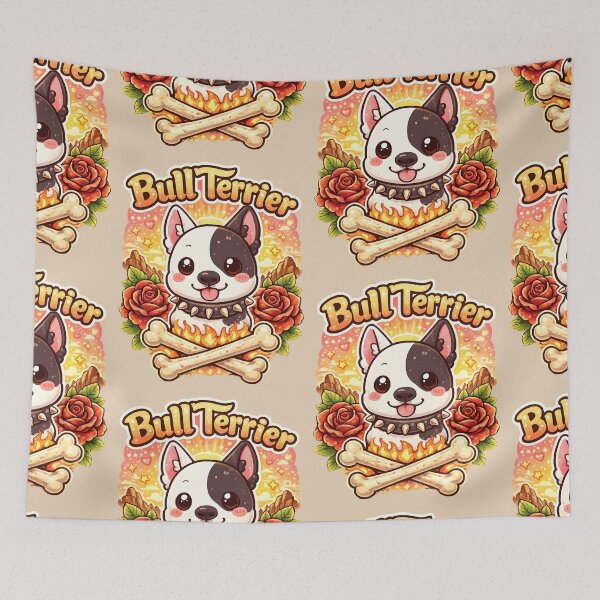 Item preview, Bull Terrier Sunset Roses – Cute Kawaii Dog with Bones and Flames designed and sold by blankTeeShirt.