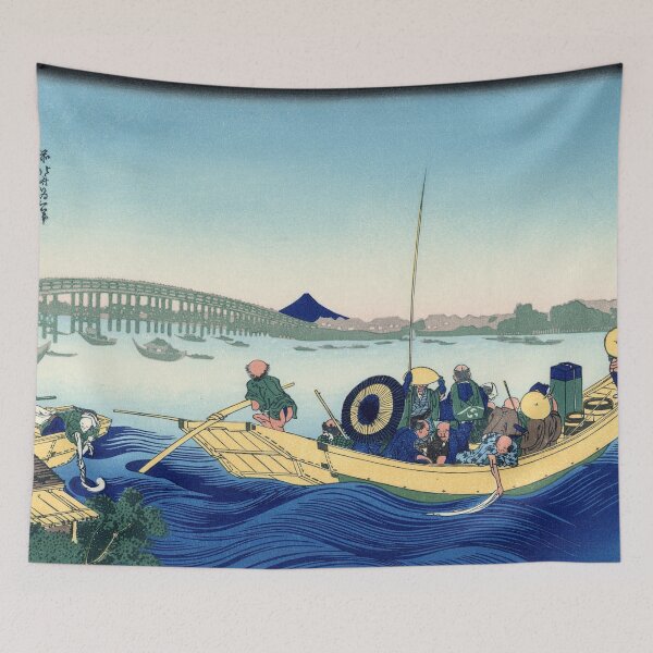 Artikelvorschau, Sonnenuntergang über der Ryōgoku-Brücke von der Bank des Sumida-Flusses bei Onmayagashi - Katsushika Hokusai entworfen und verkauft von themasters.