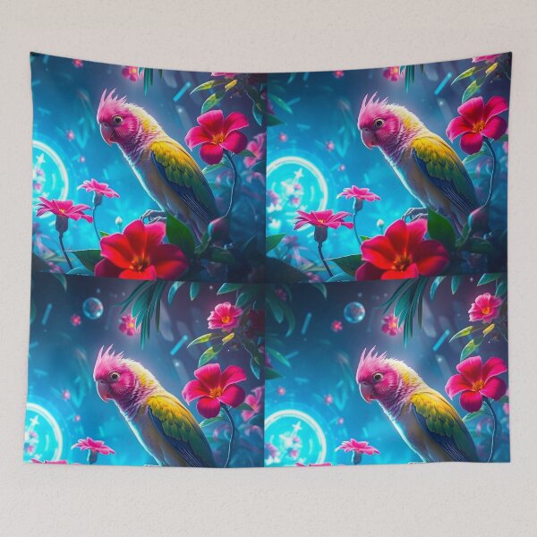 Item preview, Fantasy Jungle Parrot – Pink, Yellow Blue Tropical Bird with Bioluminescent Glow designed and sold by EmeraldeaArt.
