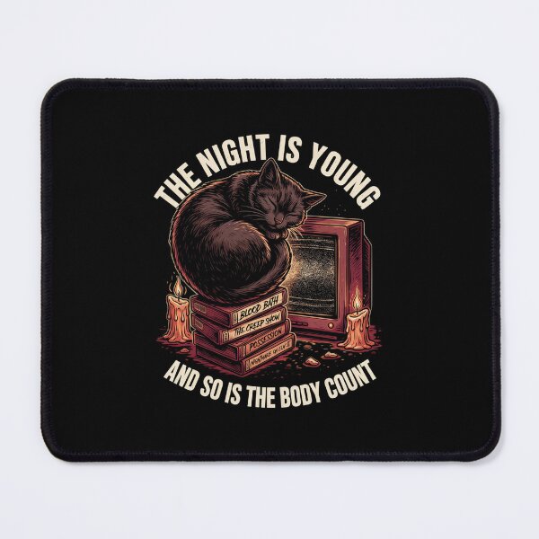 Item preview, The Night Is Young and So Is the Body Count, Horror Cat Cozy Retro designed and sold by CryptReel.