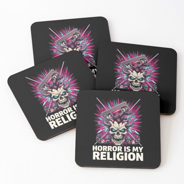 Item preview, Horror Is My Religion, Skull VHS Neon Synthwave 80s Dark Horror designed and sold by CryptReel.