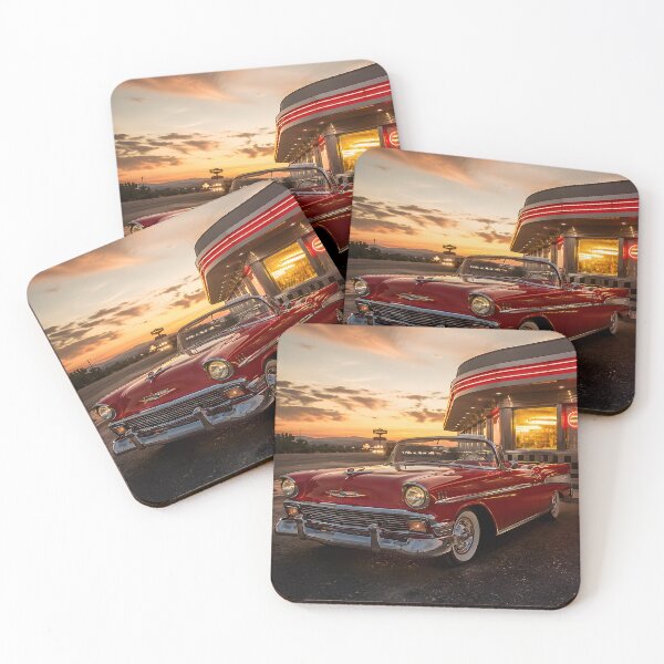Item preview, Classic Red Convertible at Retro Diner Sunset – Vintage Car Wall Art & Americana Decor designed and sold by DimoraGutyz.