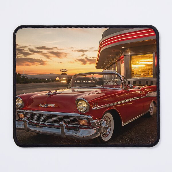 Item preview, Classic Red Convertible at Retro Diner Sunset – Vintage Car Wall Art & Americana Decor designed and sold by DimoraGutyz.
