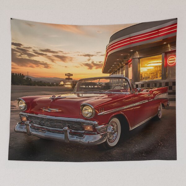Item preview, Classic Red Convertible at Retro Diner Sunset – Vintage Car Wall Art & Americana Decor designed and sold by DimoraGutyz.