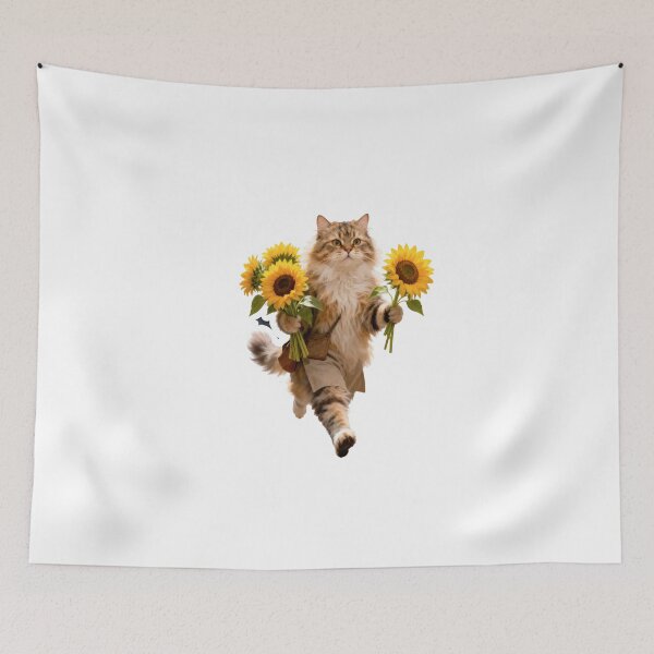 Item preview, Light Ginger Cat Running with Sunflowers and Market Bag in a Sunny Field designed and sold by OksArtStudio.