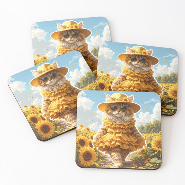 Item preview, Elegant Ginger Cat Walking Like a Fashion Model in Sunflower Field with Red Dress designed and sold by OksArtStudio.