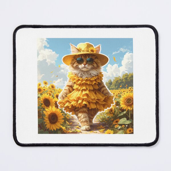 Item preview, Elegant Ginger Cat Walking Like a Fashion Model in Sunflower Field with Red Dress designed and sold by OksArtStudio.