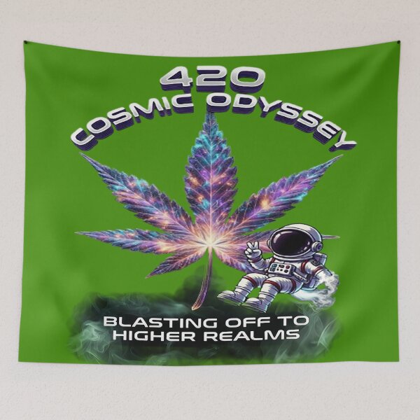 Item preview, 420 Cosmic Odyssey Cannabis Leaf | Blasting Off to Higher Realms Astronaut Stoner Art designed and sold by Alchemy Forge.