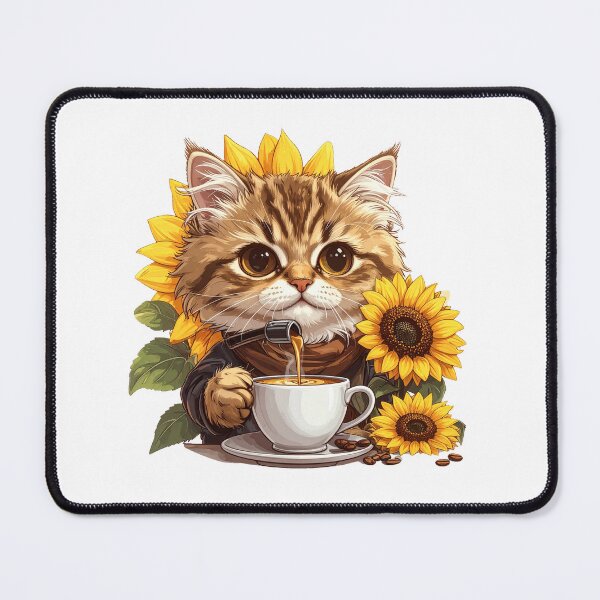 Item preview, Cute Cat with Sunflower Drinking Coffee in White Cup Minimal Aesthetic Design designed and sold by OksArtStudio.