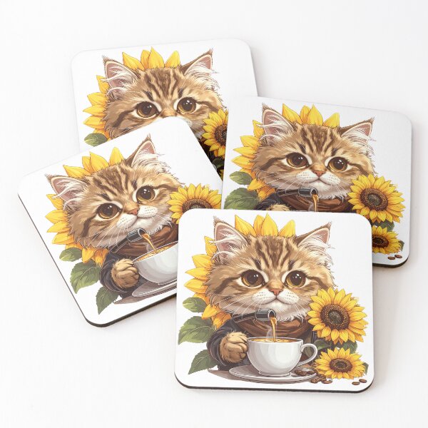 Item preview, Cute Cat with Sunflower Drinking Coffee in White Cup Minimal Aesthetic Design designed and sold by OksArtStudio.