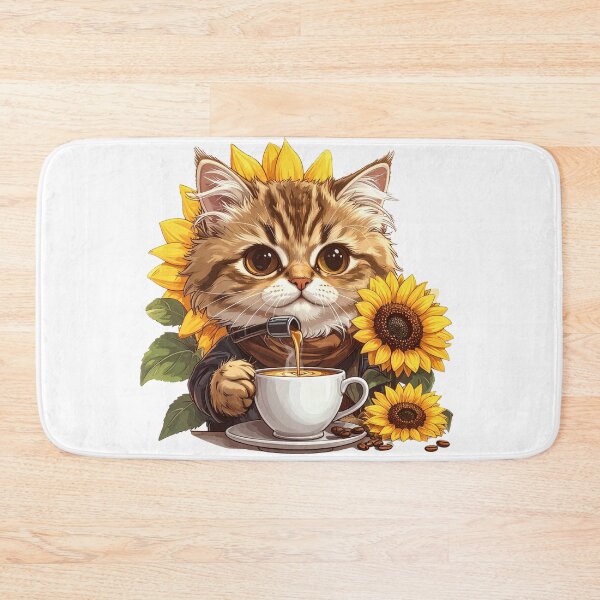 Item preview, Cute Cat with Sunflower Drinking Coffee in White Cup Minimal Aesthetic Design designed and sold by OksArtStudio.