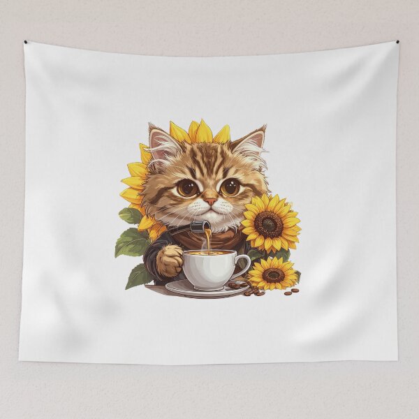 Item preview, Cute Cat with Sunflower Drinking Coffee in White Cup Minimal Aesthetic Design designed and sold by OksArtStudio.