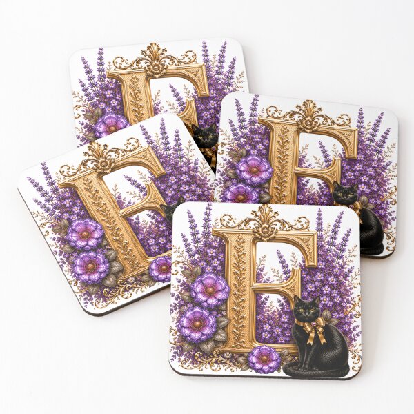 Item preview, Floral Letter E with Black Cat | Lavender Botanical Monogram | Elegant Gold Initial Design designed and sold by MoodLay.