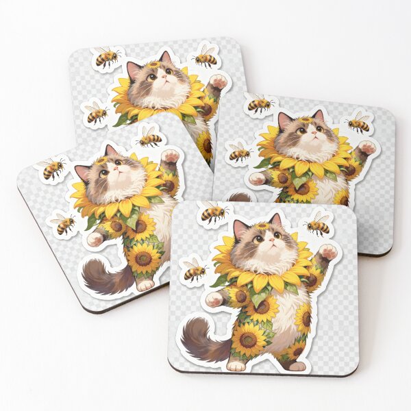 Item preview, Surprised Cat Inside Sunflower Surrounded by Bees Cute Nature Illustration designed and sold by OksArtStudio.