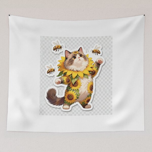 Item preview, Surprised Cat Inside Sunflower Surrounded by Bees Cute Nature Illustration designed and sold by OksArtStudio.