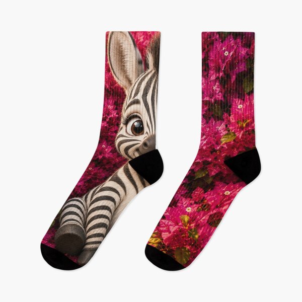 Item preview, Cute Baby Zebra in Pink Bougainvillea | Kawaii Animal Wall Art designed and sold by Rohan132.