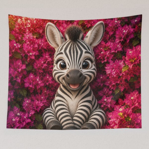 Item preview, Cute Baby Zebra in Pink Bougainvillea | Kawaii Animal Wall Art designed and sold by Rohan132.