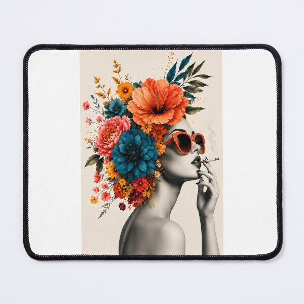Item preview, Floral Woman Orange Sunglasses Smoking Colorful Flowers Wall Art Print designed and sold by Leogasup.