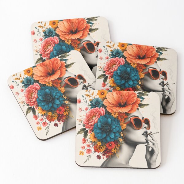 Item preview, Floral Woman Orange Sunglasses Smoking Colorful Flowers Wall Art Print designed and sold by Leogasup.
