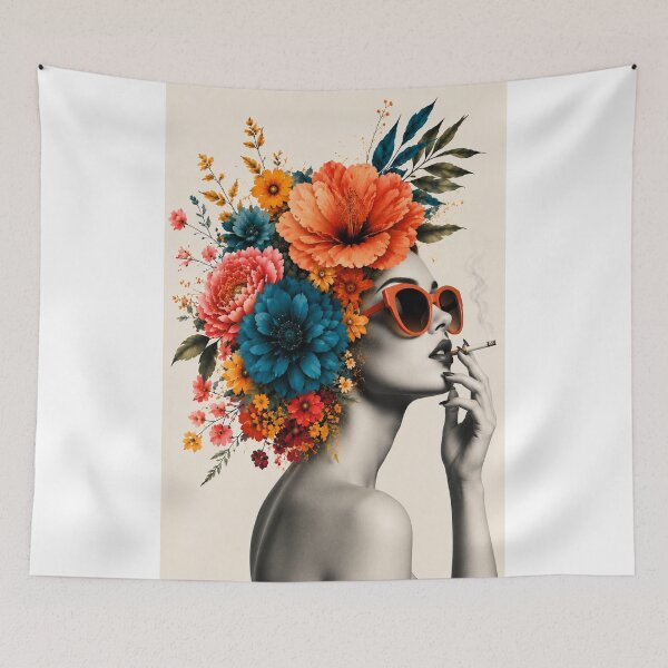 Item preview, Floral Woman Orange Sunglasses Smoking Colorful Flowers Wall Art Print designed and sold by Leogasup.