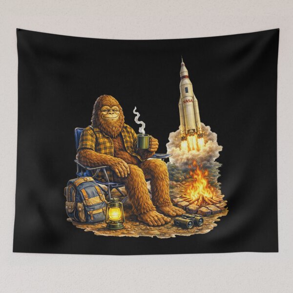 Item preview, Bigfoot Camping with NASA Rocket Launch - Funny Sasquatch Art designed and sold by FREENATION2026.