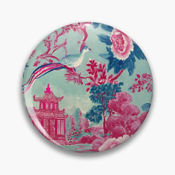 Item preview, Pink and teal chinoiserie pagoda garden with birds and flowers designed and sold by SophieClimaArt.