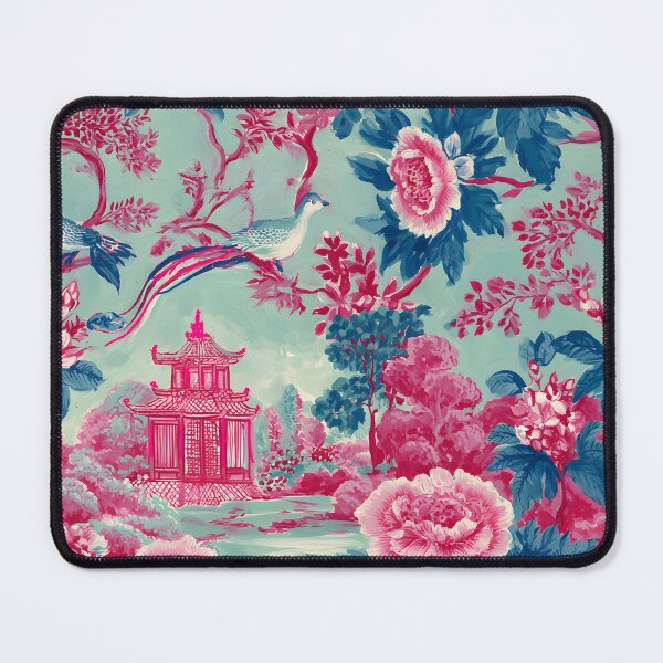 Item preview, Pink and teal chinoiserie pagoda garden with birds and flowers designed and sold by SophieClimaArt.