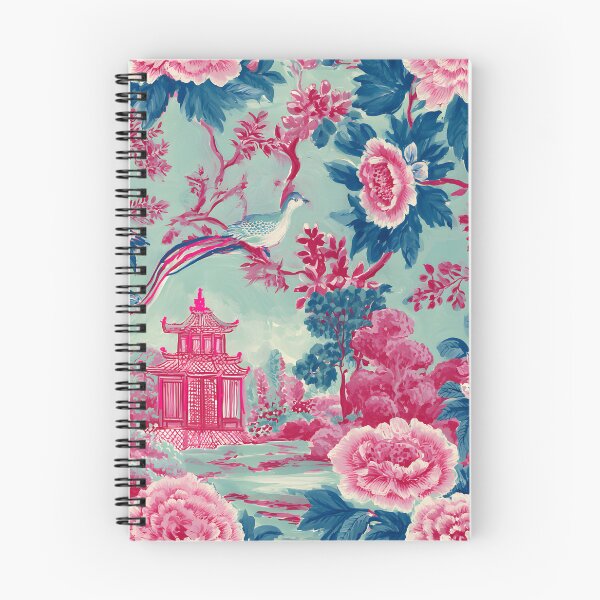 Item preview, Pink and teal chinoiserie pagoda garden with birds and flowers designed and sold by SophieClimaArt.